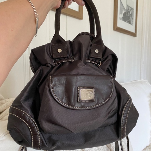 Lancel drawstring handbag nylon and leather brown - Picture 2 of 11